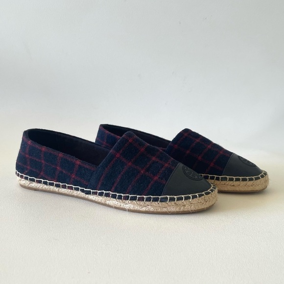 Tory Burch Shoe Espadrille Flat Plaid Check Wool Leather Holiday Blue Red 7.5 - Picture 3 of 13
